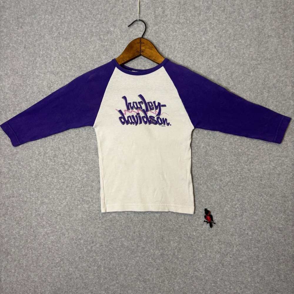 Y2K Kids XS Harley Davidson Raglan T Shirt Purple White Baseball Tee Vintage‎